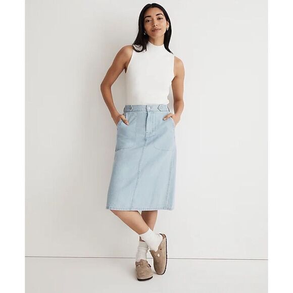 Madewell Denim Tab-Waist A-Line Midi Skirt in Lynnhaven Wash Size 24 - Picture 1 of 10